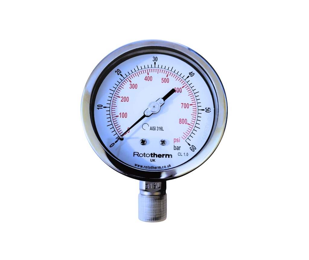 Dry Pressure gauge 0-60 bar +/-1% Accuracy, Dial 4", Connection 1/2", AISI 304 SS, Connection 316 SS, Safety Glass