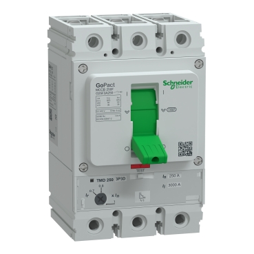 G25B3A250 | شنايدر إليكتريك قاطع تيار، GoPact MCCB 250، ثلاثي، 25kA عند 415VAC، تيار مقنن 250A، وحدة فصل TMD، حماية حرارية قابلة للتعديل.